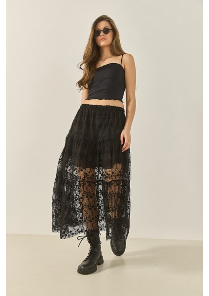 Kadın Çiçek Dantelli Kısa Astarlı Volanlı Normal Bel Uzun Etek fırsatları