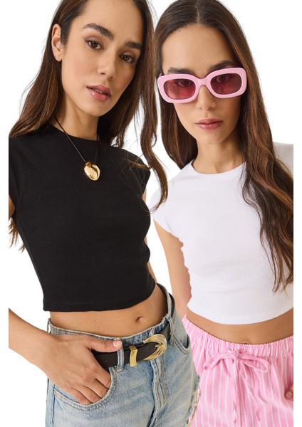 Kadın Bisiklet Yaka Kısa Kollu Basic Kaşkorse Ikili Crop Top T-Shirt