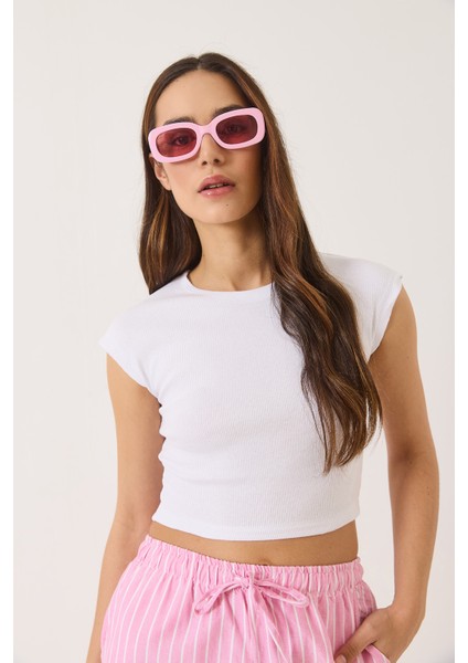 Kadın Bisiklet Yaka Kısa Kollu Basic Kaşkorse Ikili Crop Top T-Shirt fiyatları