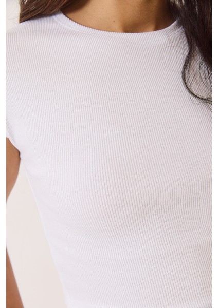 Kadın Bisiklet Yaka Kısa Kollu Basic Kaşkorse Ikili Crop Top T-Shirt modelleri