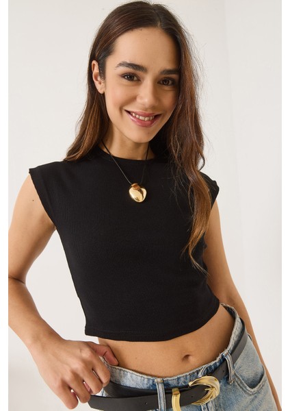 Kadın Bisiklet Yaka Kısa Kollu Basic Kaşkorse Ikili Crop Top T-Shirt fırsatları