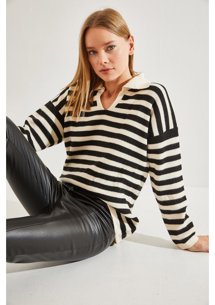 Kadın Gömlek Yaka Çizgili Kazak