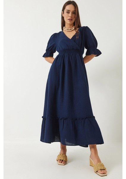 Kadın Kruvaze Yaka Kol ve Bel Lastikli Uzun Elbise