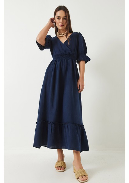 Kadın Kruvaze Yaka Kol ve Bel Lastikli Uzun Elbise fiyatları