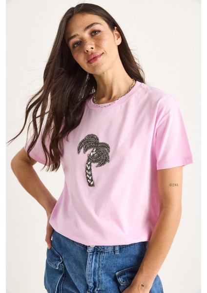 Kadın % Pamuk Bisiklet Yaka Palmiye Taş Aksesuarlı Rahat Kalıp T-Shirt modelleri