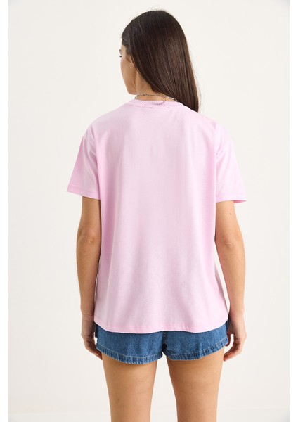 Kadın % Pamuk Bisiklet Yaka Palmiye Taş Aksesuarlı Rahat Kalıp T-Shirt indirimleri