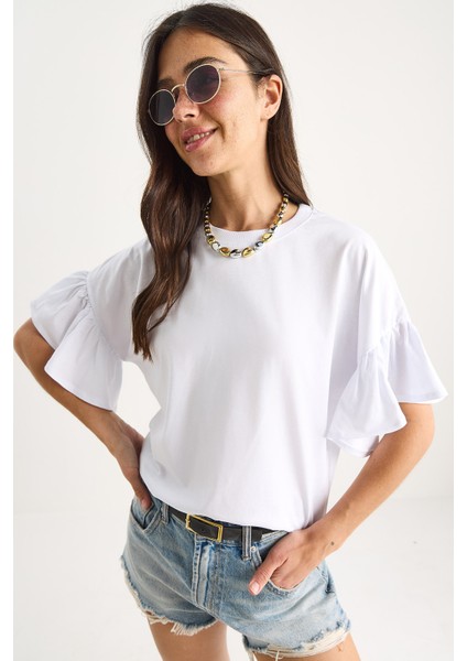 Kadın Kolları Fırfırlı Bisiklet Yaka Pamuklu T-Shirt modelleri