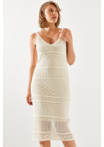 Kadın Ince Askılı Astarlı Ajurlu Triko Elbise