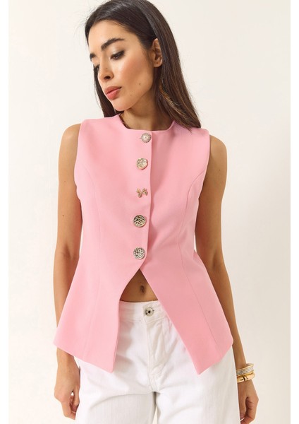 Kadın Regular Bisilet Yaka Gold Düğme Detaylı Astarlı Dokuma Yelek