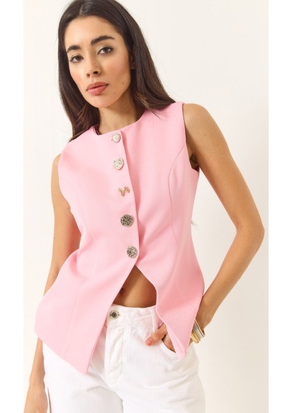 Kadın Regular Bisilet Yaka Gold Düğme Detaylı Astarlı Dokuma Yelek fiyatları