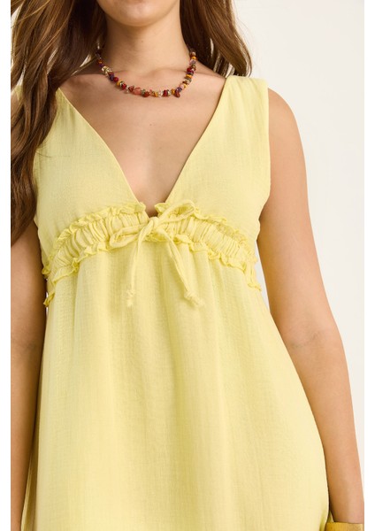 Kadın V Yaka Bağlama Detaylı Astarlı Müslin Elbise indirimleri