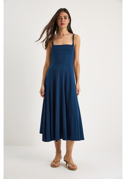 Kadın Ince Askılı Godeli Kare Yaka Midi Elbise fiyatları