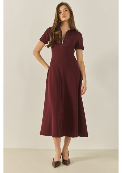 Kadın Önü Fermuarlı Belden Oturtmalı Kısa Kollu Çan Elbise fiyatları