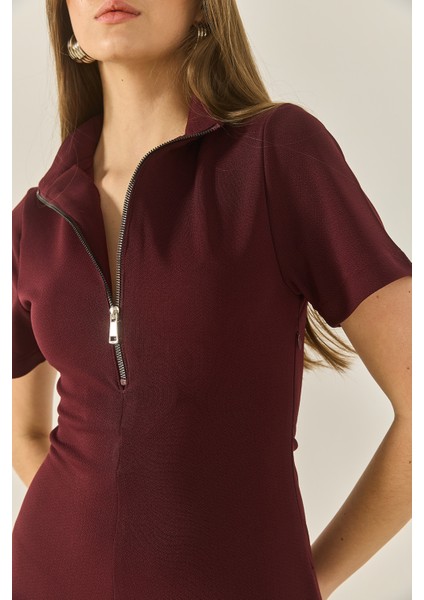 Kadın Önü Fermuarlı Belden Oturtmalı Kısa Kollu Çan Elbise