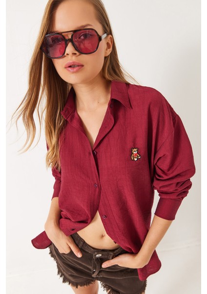 Kadın Teddy Nakışlı Crash Gömlek