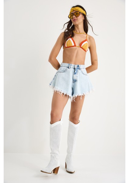 Kadın Püsküllü Yüksek Bel Denim Şort modelleri
