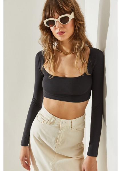 Kadın Uzun Kol Kare Yaka Crop Bluz