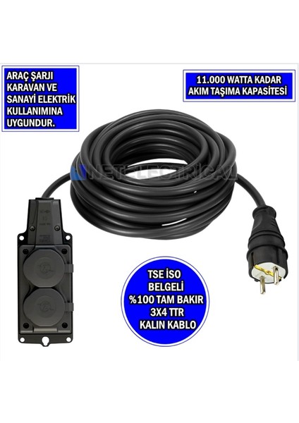 2'li 19 Metre | 3x4 Ttr Tam Bakır Kalın Kablolu | Monofaze Kauçuk Grup Priz