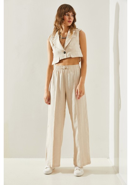 Kadın Cep Kapak Detaylı Crop Yelek Palazzo Pantolonlu Alt-Üst Takım