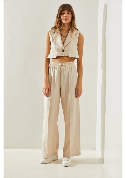 Kadın Cep Kapak Detaylı Crop Yelek Palazzo Pantolonlu Alt-Üst Takım fiyatları