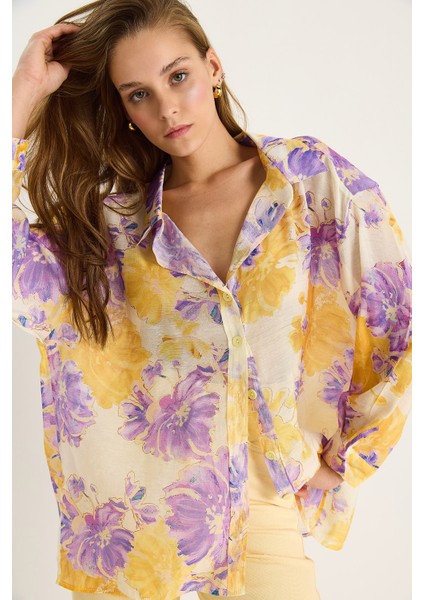Kadın Çiçek Desenli Dijital Baskılı Oversize Viskon Gömlek modelleri