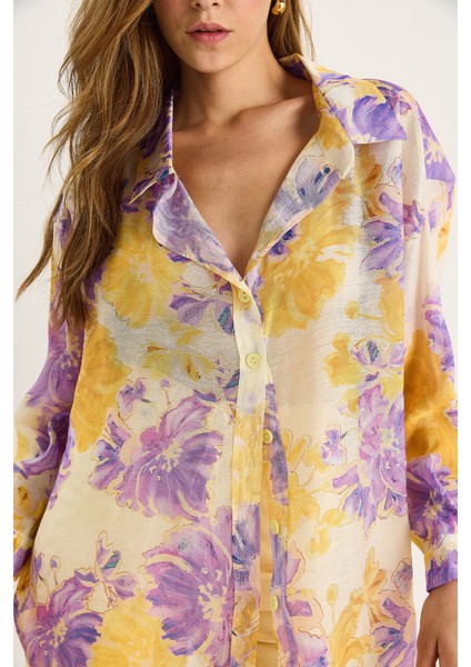 Kadın Çiçek Desenli Dijital Baskılı Oversize Viskon Gömlek indirimleri