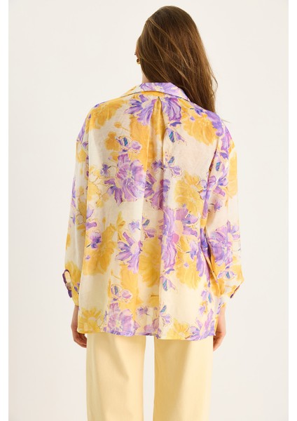 Kadın Çiçek Desenli Dijital Baskılı Oversize Viskon Gömlek