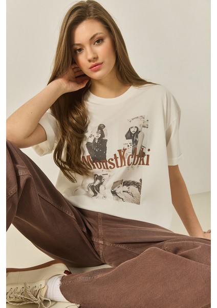 Kadın Bisiklet Yaka Kısa Kollu Doğal Baskılı Pamuklu Basic T-Shirt Öt