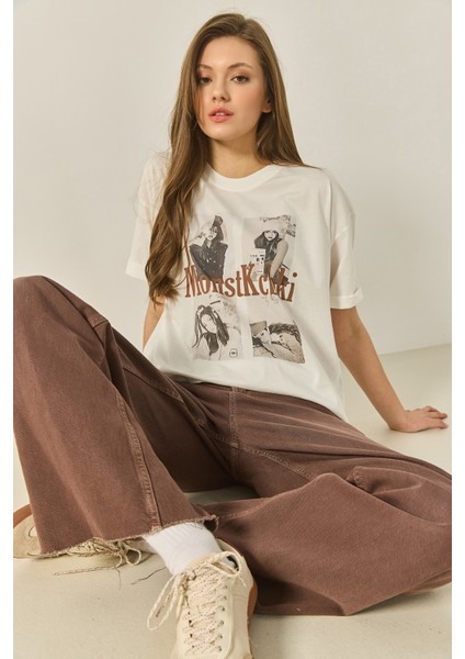 Kadın Bisiklet Yaka Kısa Kollu Doğal Baskılı Pamuklu Basic T-Shirt Öt fiyatları