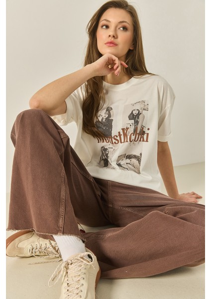 Kadın Bisiklet Yaka Kısa Kollu Doğal Baskılı Pamuklu Basic T-Shirt Öt modelleri