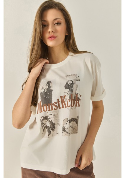 Kadın Bisiklet Yaka Kısa Kollu Doğal Baskılı Pamuklu Basic T-Shirt Öt fırsatları