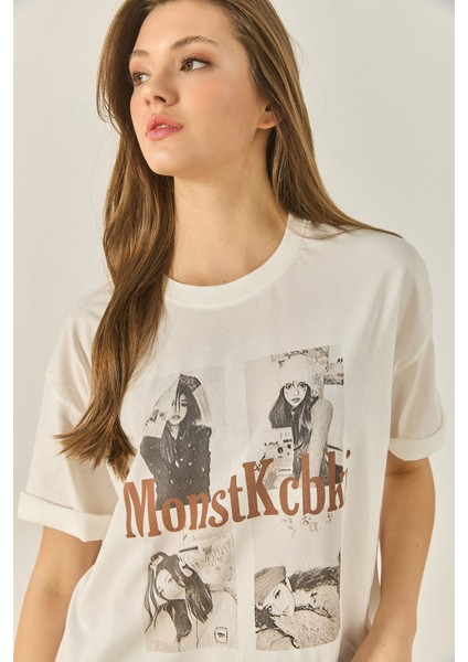 Kadın Bisiklet Yaka Kısa Kollu Doğal Baskılı Pamuklu Basic T-Shirt Öt indirimleri