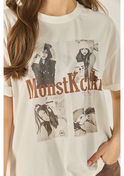 Kadın Bisiklet Yaka Kısa Kollu Doğal Baskılı Pamuklu Basic T-Shirt Öt