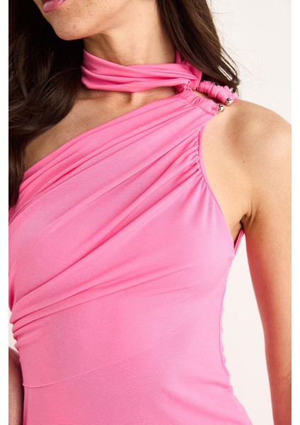 Kadın Tek Omuz Detaylı Aksesuarlı Sandy Dar Mavi Elbise Ate- fiyatları