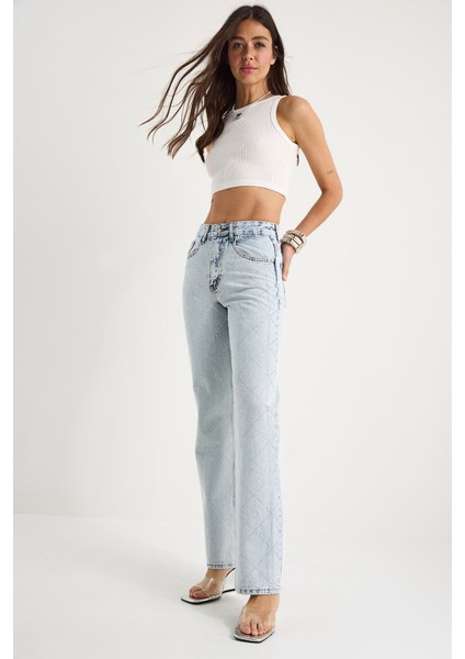 Kadın Baklava Desenli Dijital Taş Baskılı Straight Denim Pantolon