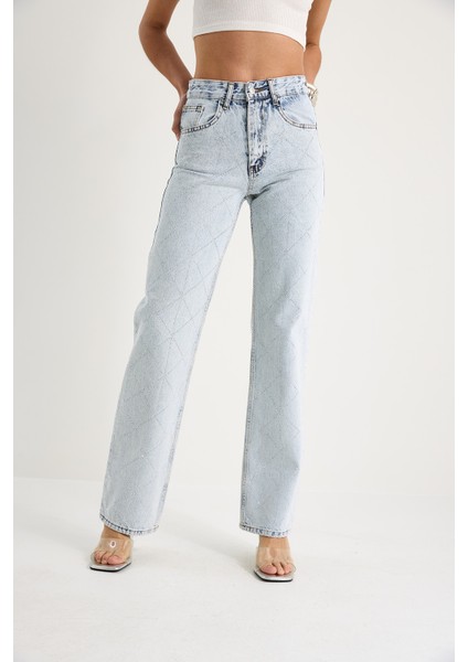 Kadın Baklava Desenli Dijital Taş Baskılı Straight Denim Pantolon fırsatları