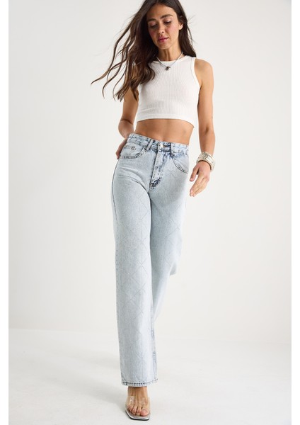 Kadın Baklava Desenli Dijital Taş Baskılı Straight Denim Pantolon indirimleri