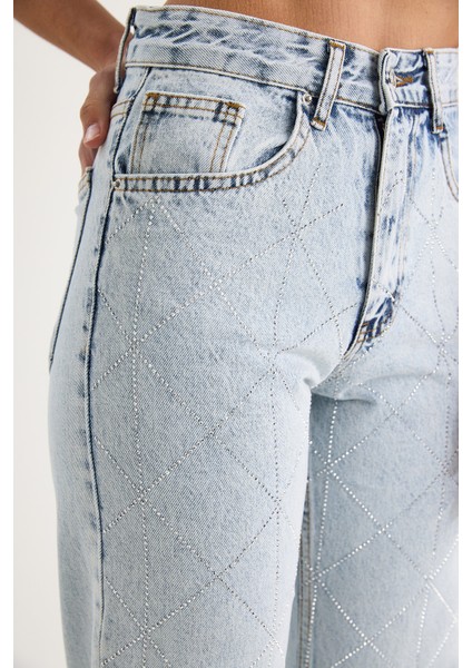 Kadın Baklava Desenli Dijital Taş Baskılı Straight Denim Pantolon