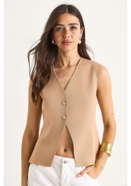 Kadın V Yaka Düğme Detaylı Triko Yelek Ty fiyatları