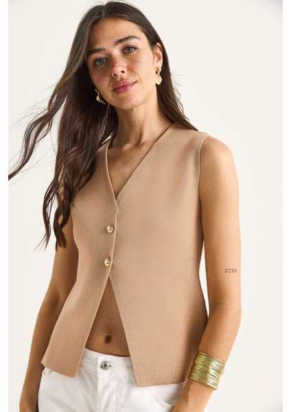 Kadın V Yaka Düğme Detaylı Triko Yelek Ty fırsatları
