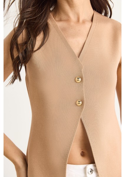 Kadın V Yaka Düğme Detaylı Triko Yelek Ty indirimleri