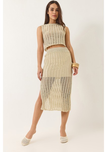 Kadın Ajurlu Astarlı Yırtmaç Detaylı Etek Crop Metalik Simli Alt-Üst Takım