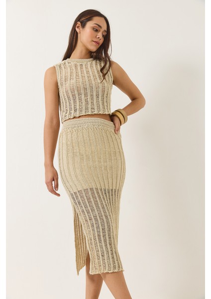 Kadın Ajurlu Astarlı Yırtmaç Detaylı Etek Crop Metalik Simli Alt-Üst Takım fiyatları