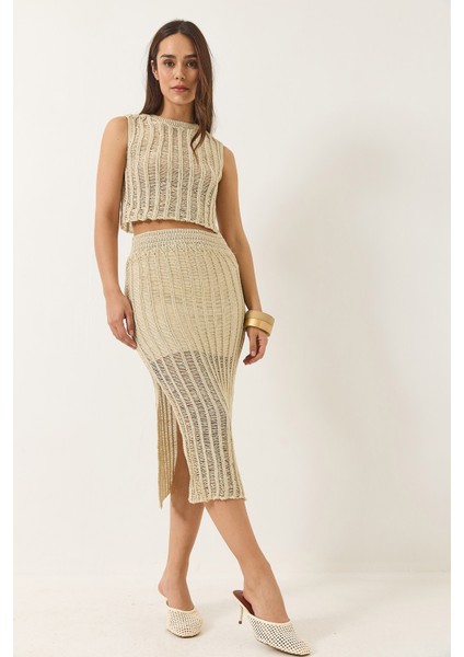 Kadın Ajurlu Astarlı Yırtmaç Detaylı Etek Crop Metalik Simli Alt-Üst Takım modelleri