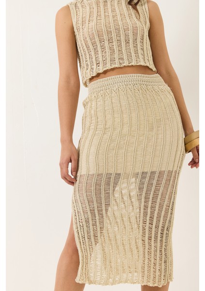 Kadın Ajurlu Astarlı Yırtmaç Detaylı Etek Crop Metalik Simli Alt-Üst Takım fırsatları