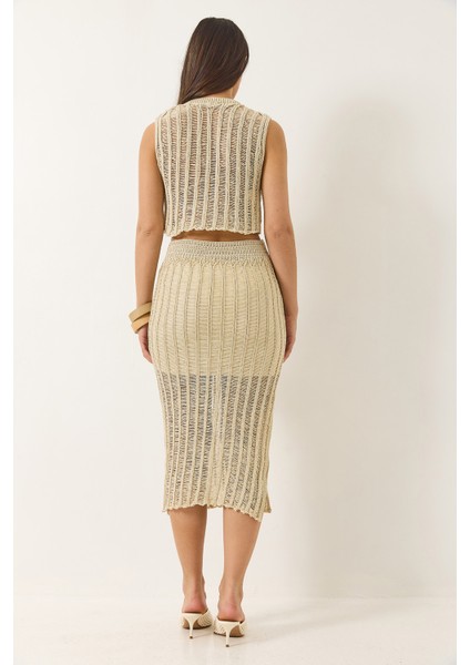 Kadın Ajurlu Astarlı Yırtmaç Detaylı Etek Crop Metalik Simli Alt-Üst Takım indirimleri