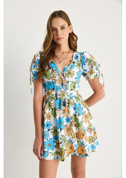 Kadın Çiçek Desenli Fiyonk Detaylı Mini Elbise fırsatları