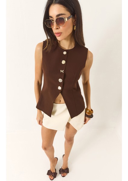 Kadın Regular Bisilet Yaka Gold Düğme Detaylı Astarlı Dokuma Yelek