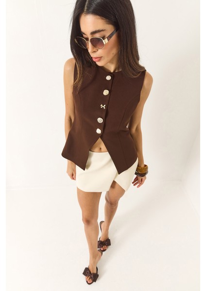 Kadın Regular Bisilet Yaka Gold Düğme Detaylı Astarlı Dokuma Yelek fiyatları