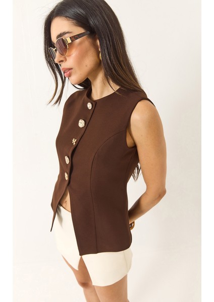 Kadın Regular Bisilet Yaka Gold Düğme Detaylı Astarlı Dokuma Yelek modelleri